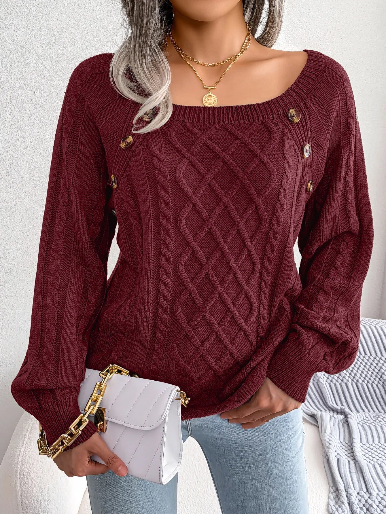 CITSLX Women Casual Square Collar Buttons Long Sleeve Knitted Pullovers And Sweaters For Autumn Winter 2024