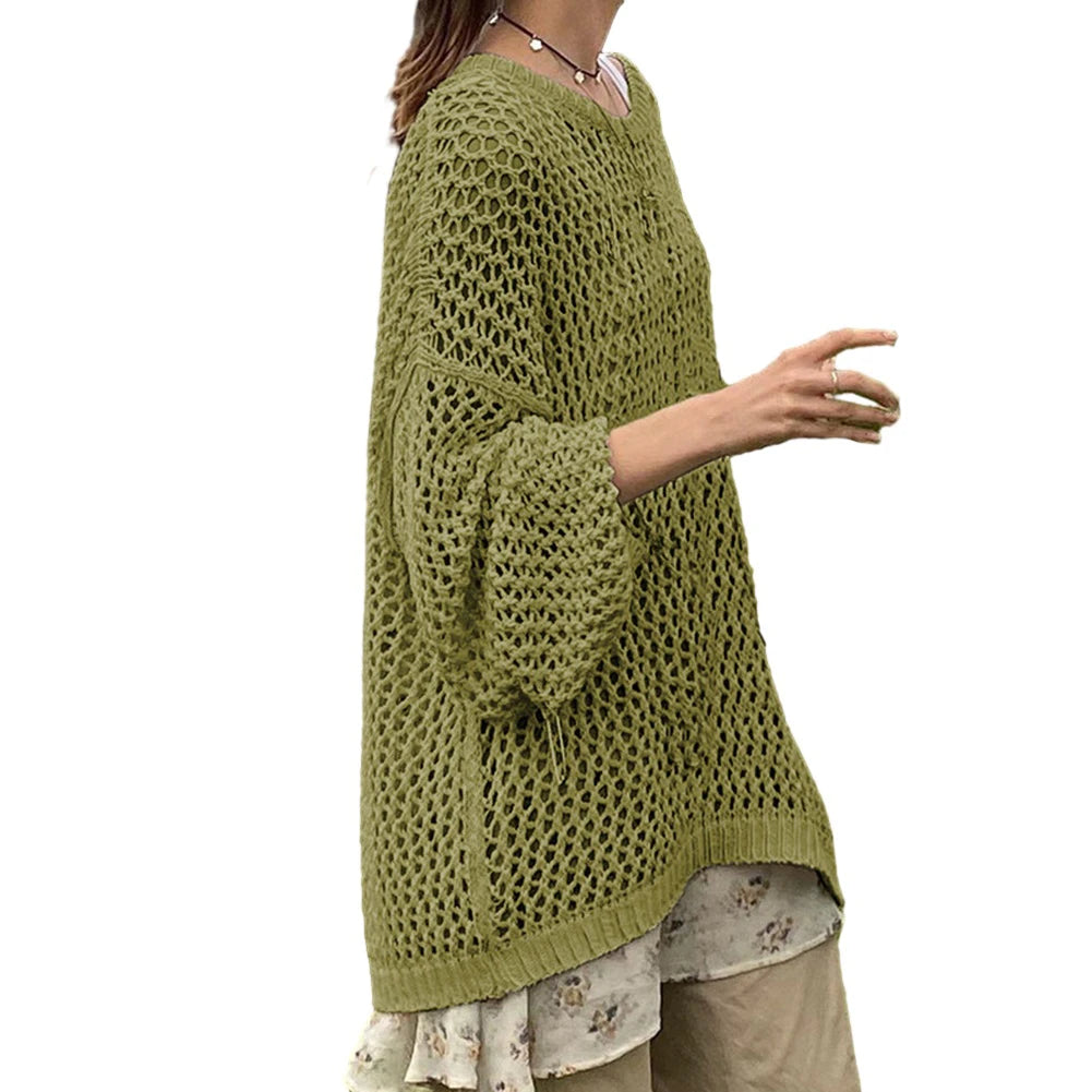 CITSLX Women Crochet Sweater Streetwear Loose Top Fishnet Oversized Cover Up