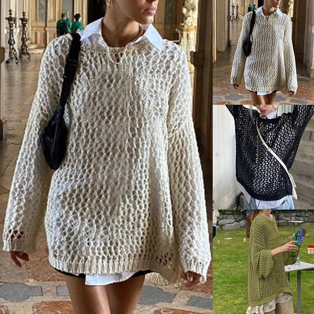 CITSLX Women Crochet Sweater Streetwear Loose Top Fishnet Oversized Cover Up