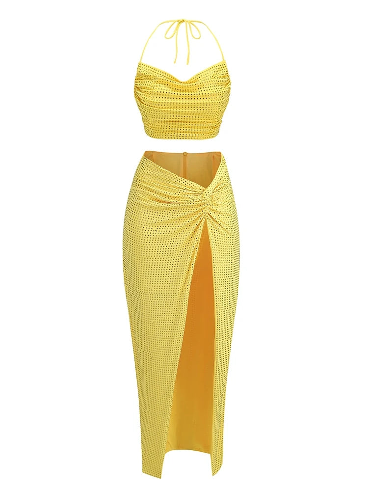 CITSLX Women Diamonds 2 Piece Set Sexy Swinging Collar Crop Tops + Long Slit Skirts Suits Yellow Rose Red Backless Lace-up Sets Party