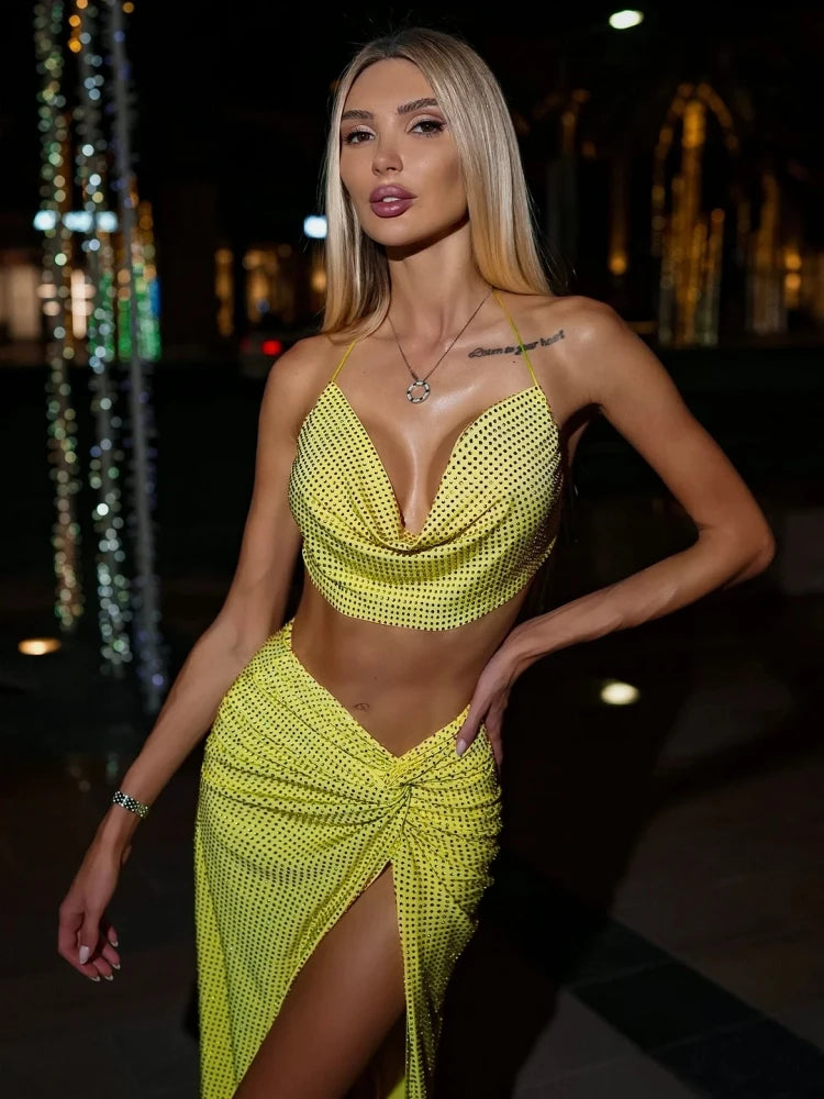 CITSLX Women Diamonds 2 Piece Set Sexy Swinging Collar Crop Tops + Long Slit Skirts Suits Yellow Rose Red Backless Lace-up Sets Party