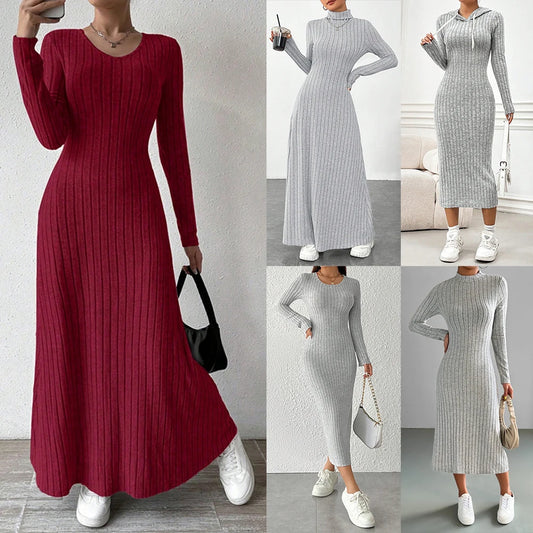 CITSLX Women Elegant Bodycon Knit Dress Autumn Winter Hooded Turtleneck Temperament Slim Long Sleeve Solid Ribbed Long Dress Streetwear