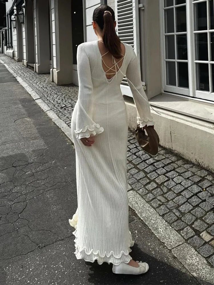 CITSLX Women Elegant Ruffle Hem Knit White Long Dress O-neck Flare Long Sleeve Backless Bandage Dresses 2024 New Evening Party Robes