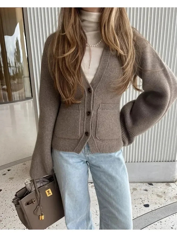 CITSLX Women Elegant Solid  Long Sleeves Knitted Cardigan V-neck Single Breasted with Pocket 2025 Autumn Female Commute Sweater Outwear