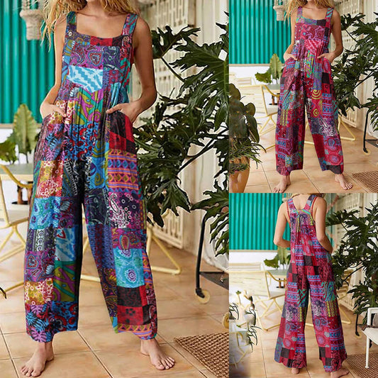 CITSLX Women Ethnic Style  Jumpsuits Summer Overalls Multicolor  Square Neck Sleeveless Casual Rompers with Pockets for Girls Playsuit