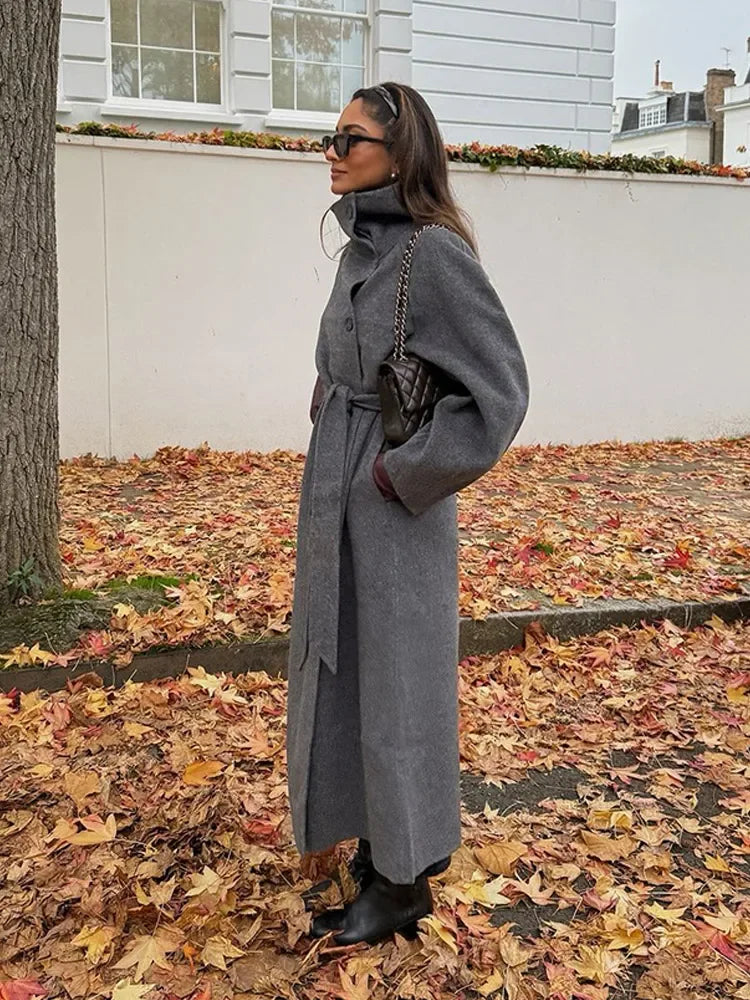 CITSLX Women Fashion Grey Stand Collar With Belt Loose Coat Chic Single Breasted Long Sleeves Overcoats Autumn Winter Lady Streetwear