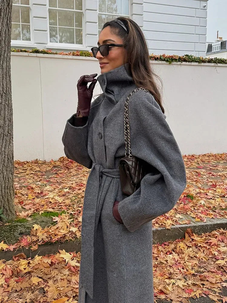 CITSLX Women Fashion Grey Stand Collar With Belt Loose Coat Chic Single Breasted Long Sleeves Overcoats Autumn Winter Lady Streetwear