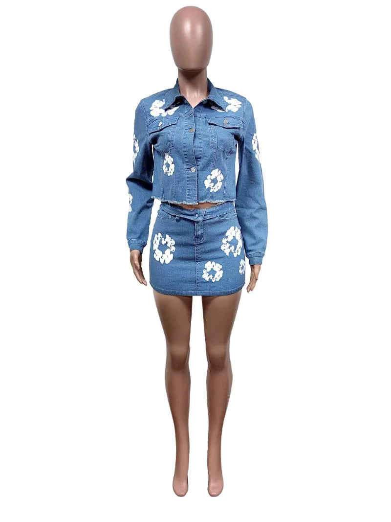 CITSLX Women Fashion Print Denim Two Piece Set Turn Down Collar Long Sleeve Jacket Crop Top Bodycon Mini Skirts Casual Jeans Dress Suit