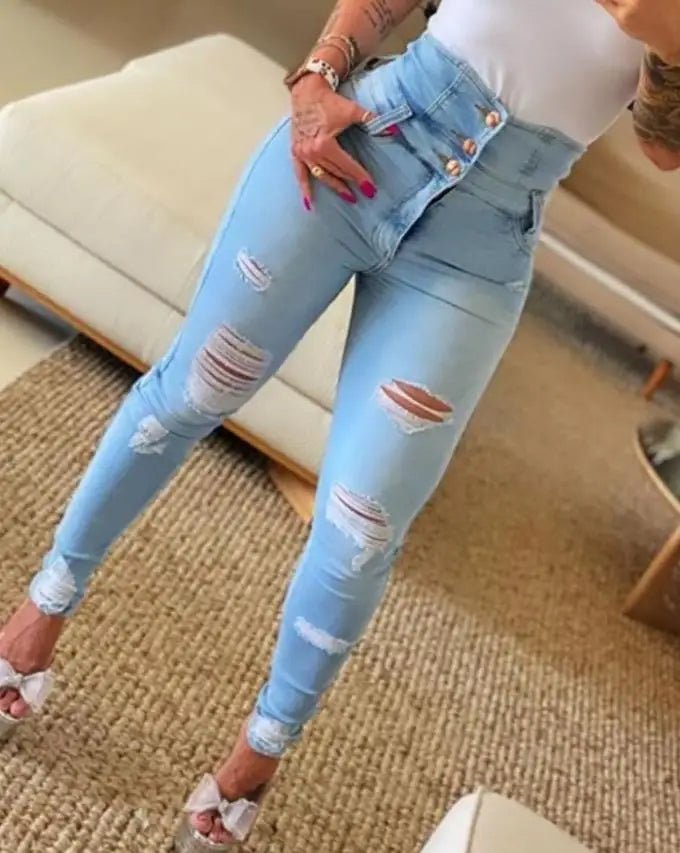 CITSLX Women Fashion Stretch Ripped Distressed Skinny High Waist Denim Pants Trousers Slim Jeggings Ladies Spring Autumn Wear