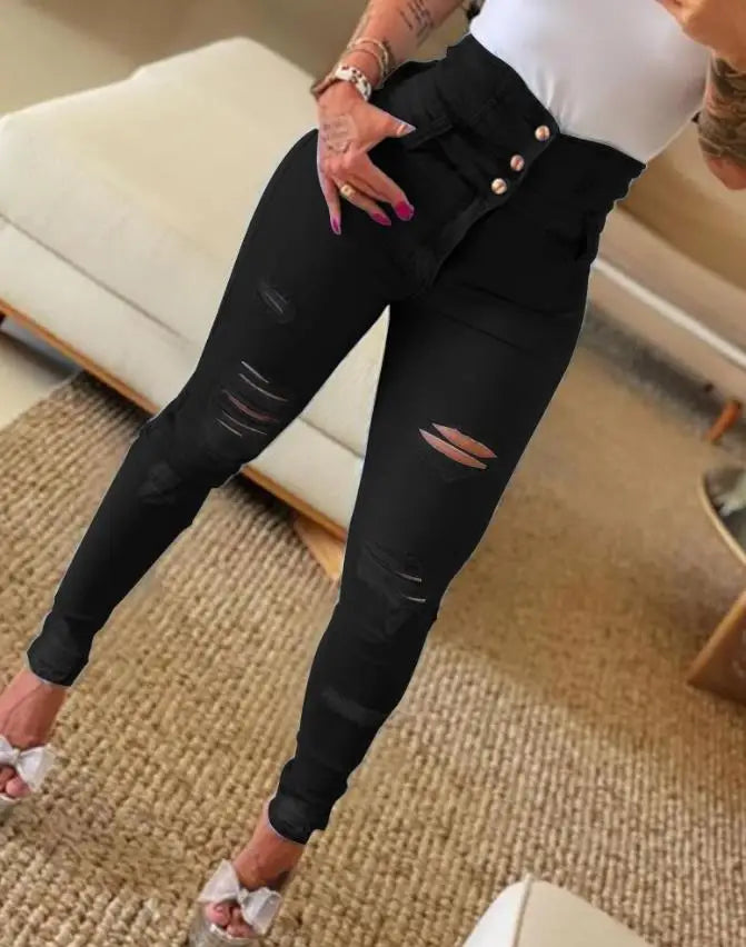 CITSLX Women Fashion Stretch Ripped Distressed Skinny High Waist Denim Pants Trousers Slim Jeggings Ladies Spring Autumn Wear