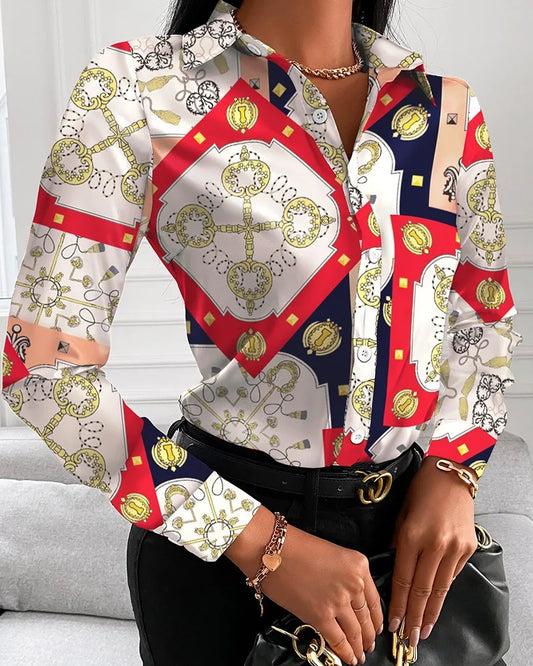 CITSLX Women Fashion Wild Shirts Chain/Floral/Letter/Geometric Square Print Turn-Down Collar Long Sleeve Blouses