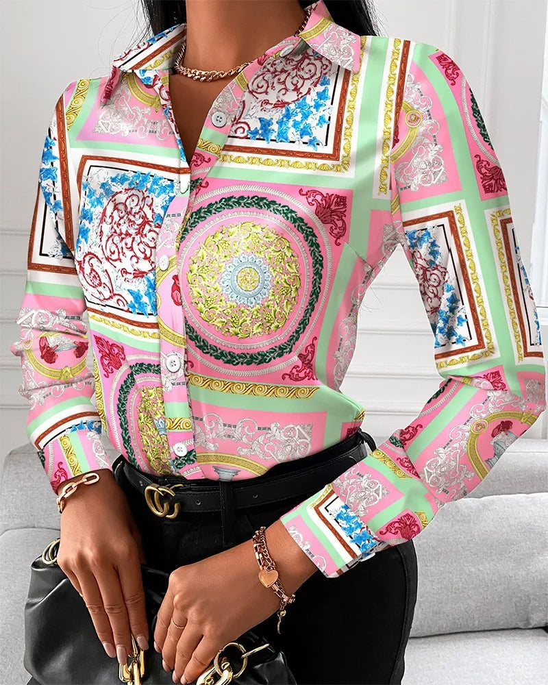 CITSLX Women Fashion Wild Shirts Chain/Floral/Letter/Geometric Square Print Turn-Down Collar Long Sleeve Blouses