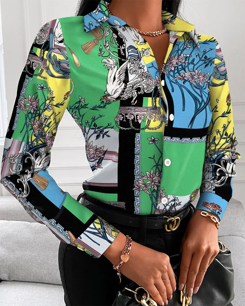 CITSLX Women Fashion Wild Shirts Chain/Floral/Letter/Geometric Square Print Turn-Down Collar Long Sleeve Blouses