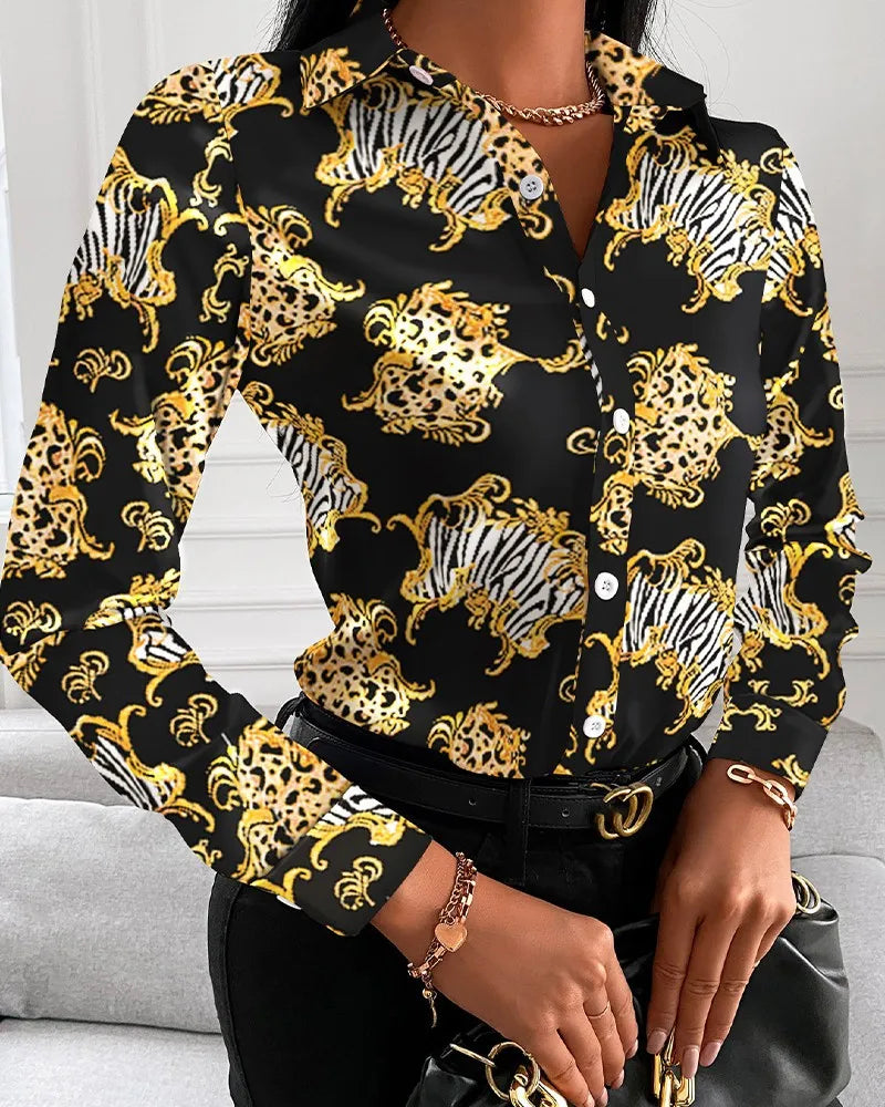 CITSLX Women Fashion Wild Shirts Chain/Floral/Letter/Geometric Square Print Turn-Down Collar Long Sleeve Blouses