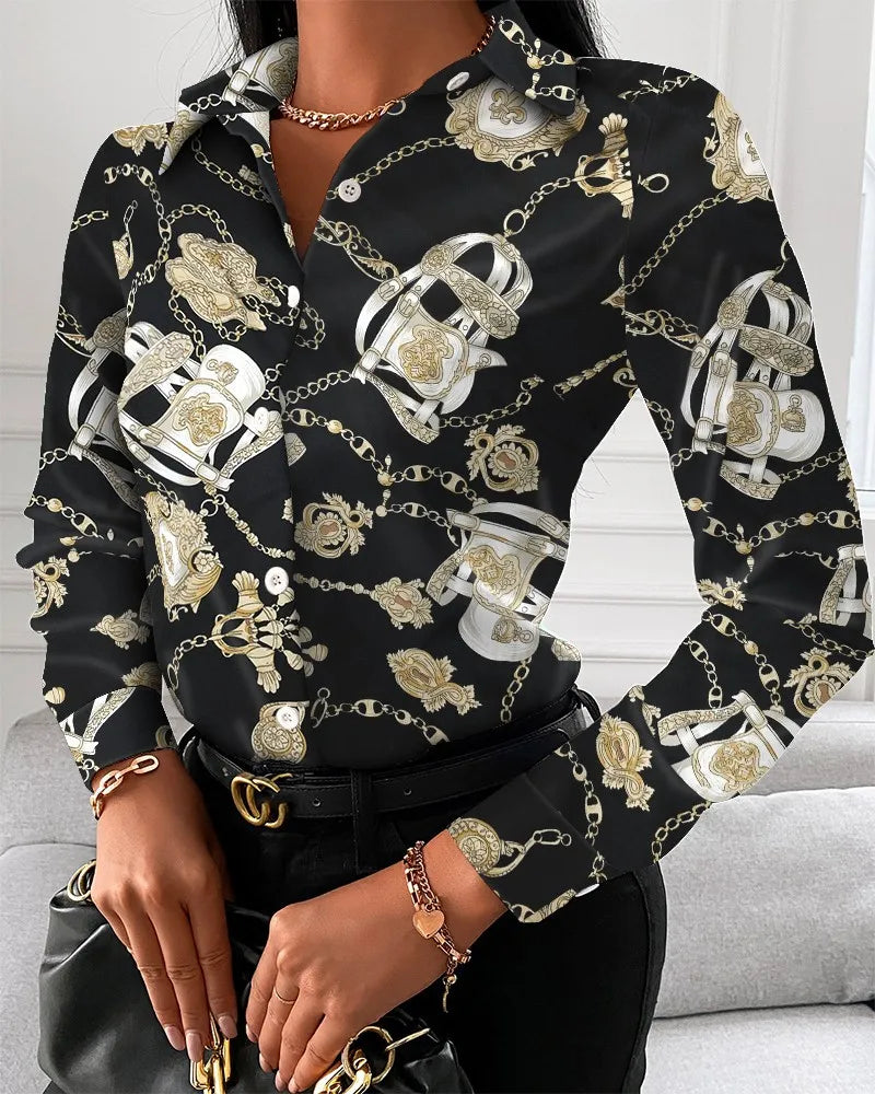 CITSLX Women Fashion Wild Shirts Chain/Floral/Letter/Geometric Square Print Turn-Down Collar Long Sleeve Blouses