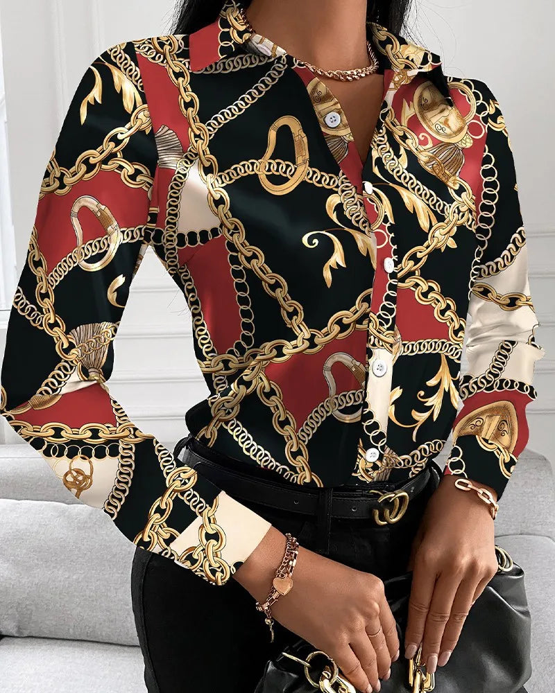 CITSLX Women Fashion Wild Shirts Chain/Floral/Letter/Geometric Square Print Turn-Down Collar Long Sleeve Blouses