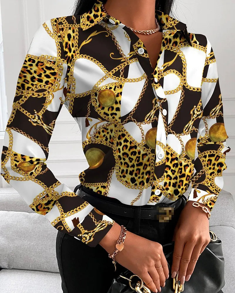 CITSLX Women Fashion Wild Shirts Chain/Floral/Letter/Geometric Square Print Turn-Down Collar Long Sleeve Blouses