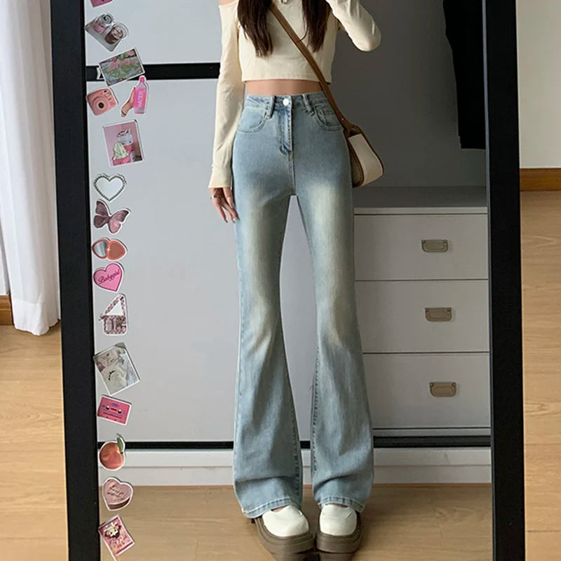 CITSLX Women Flare Stretch Moustache Jeans Fashion Skinny Bell Bottom High Waist Gray Denim Pants Lady Classic Y2K Punk Long Trousers