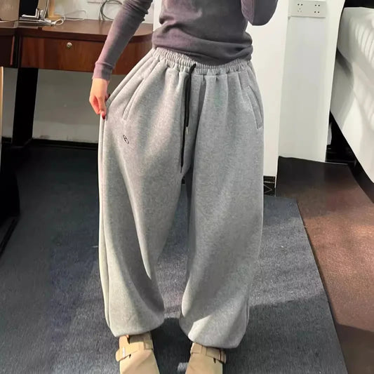 CITSLX Women Gray Sweatpant 2024 Y2K Oversize Loose Thicken Plush Warm Sport Pants Casual Elastic Waist Pockets Wide Leg Trousers