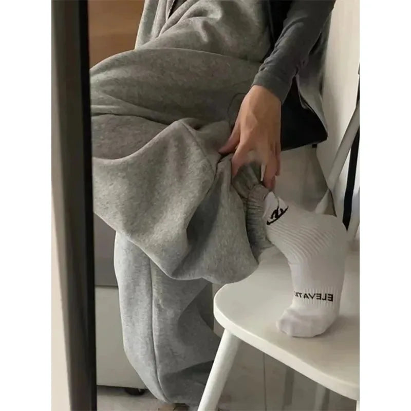 CITSLX Women Gray Sweatpant 2024 Y2K Oversize Loose Thicken Plush Warm Sport Pants Casual Elastic Waist Pockets Wide Leg Trousers