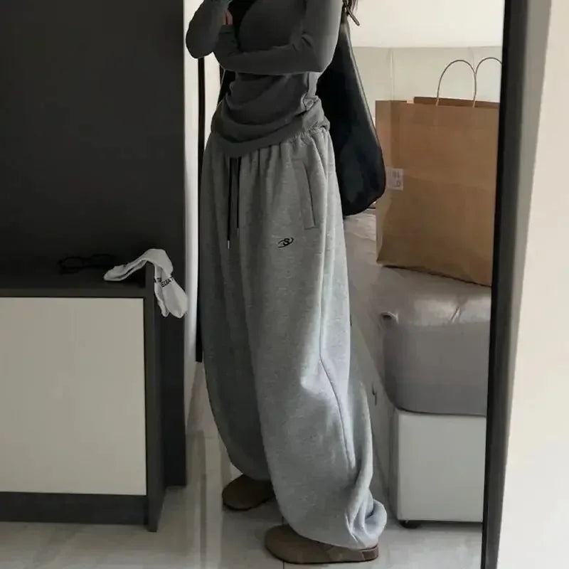 CITSLX Women Gray Sweatpant 2024 Y2K Oversize Loose Thicken Plush Warm Sport Pants Casual Elastic Waist Pockets Wide Leg Trousers