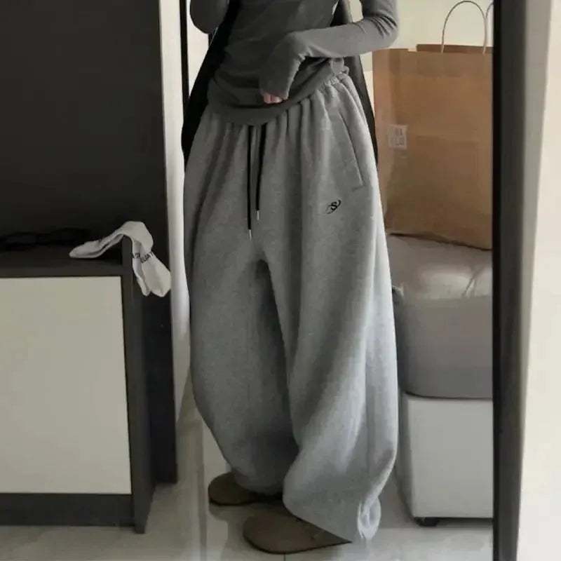 CITSLX Women Gray Sweatpant 2024 Y2K Oversize Loose Thicken Plush Warm Sport Pants Casual Elastic Waist Pockets Wide Leg Trousers