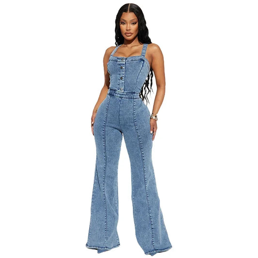 CITSLX Women High Waist Button Half-open Suspenders Denim Jumpsuit Flared Jeans Female Casual Backless Zipper Splice Rompers Streetwear