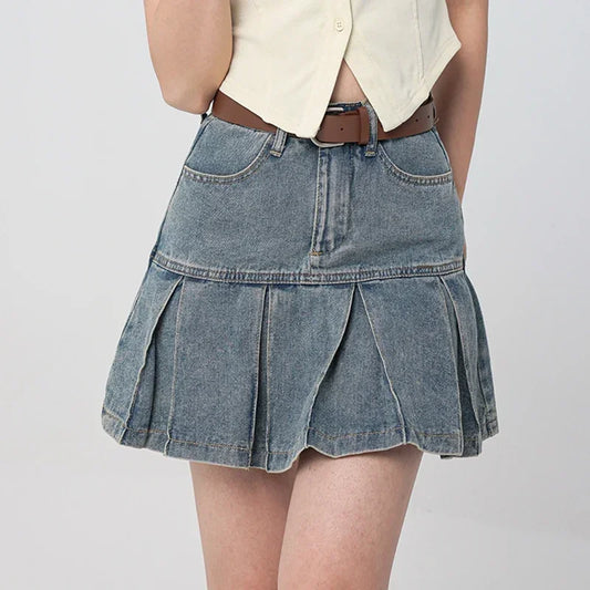 CITSLX Women High Waist Wild Pleated Skirts Jeans Girls Vintage Streetwear Denim Dress Female Y2k Clothes Blue Cutecore A Line Skirts