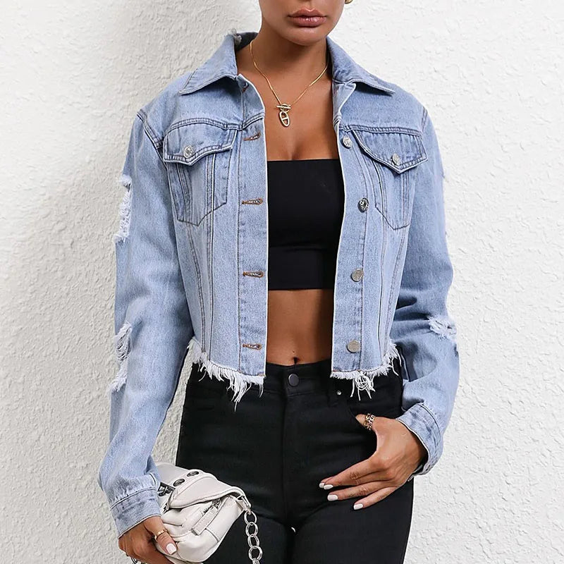 CITSLX Women Hole Long Sleeve Denim Coats 2025 Spring Autumn Female Pockets Buttons Jackets Vintage Tops Ladies Short Jean Outerwear