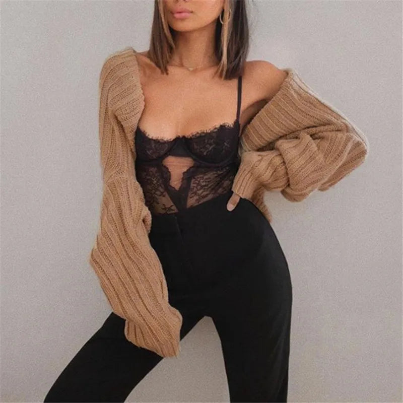 CITSLX Women Hollow Out Knitted Sweater Ladies Drop Shoulder Long Sleeve Crop Top Y2k Cardigan Short Crop Sweatshirt Sweater