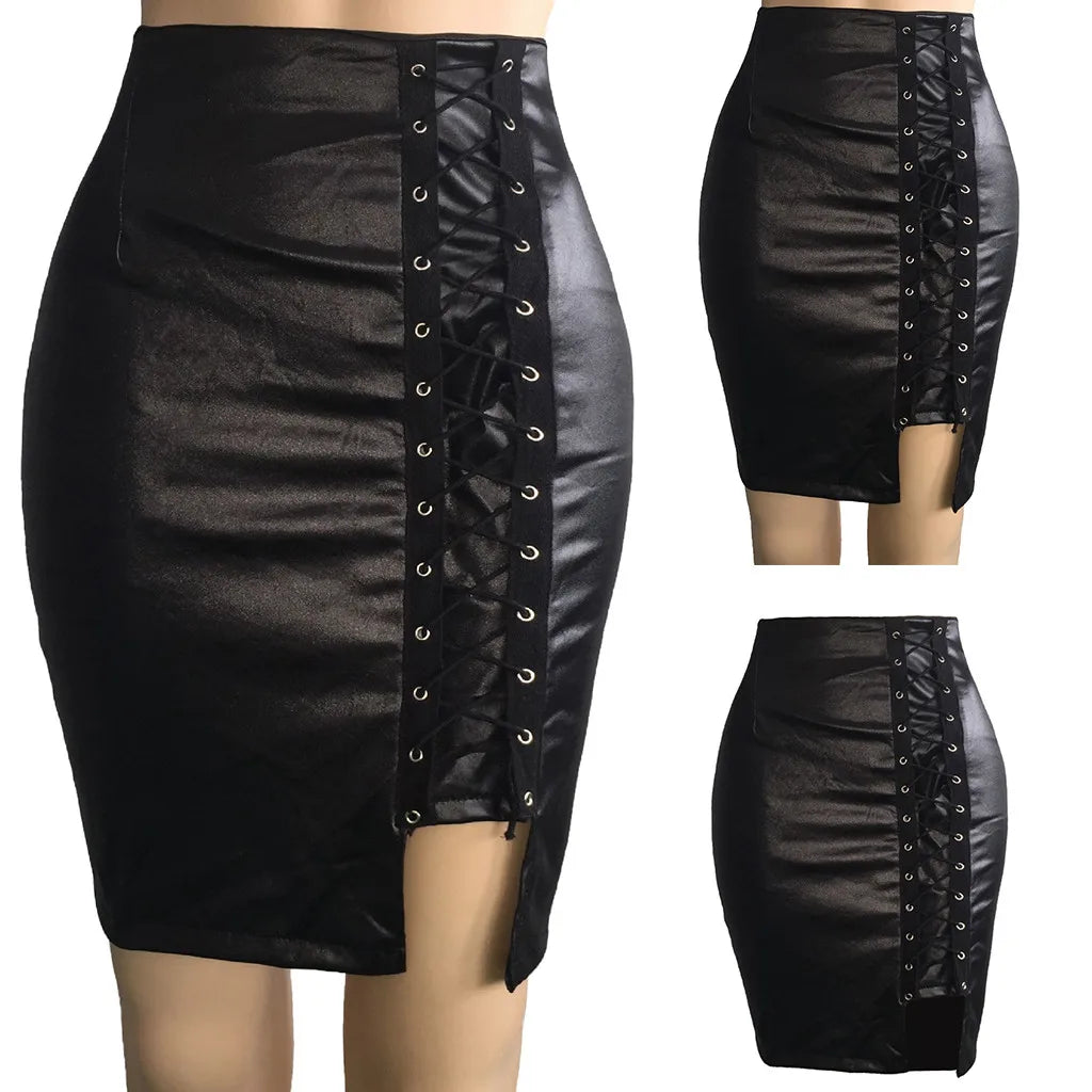 CITSLX Women Ladies Hip And Split Skirt Skirt Knee Sexy Leather High Waist Bandage Skirt Casual Skirts For Women Summer Wear