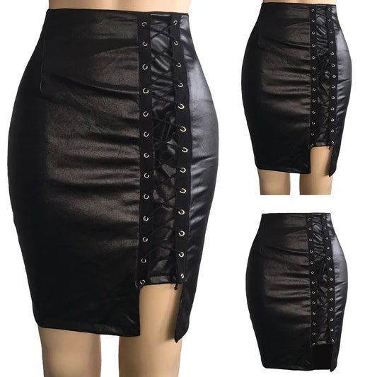 CITSLX Women Ladies Hip And Split Skirt Skirt Knee Sexy Leather High Waist Bandage Skirt Casual Skirts For Women Summer Wear