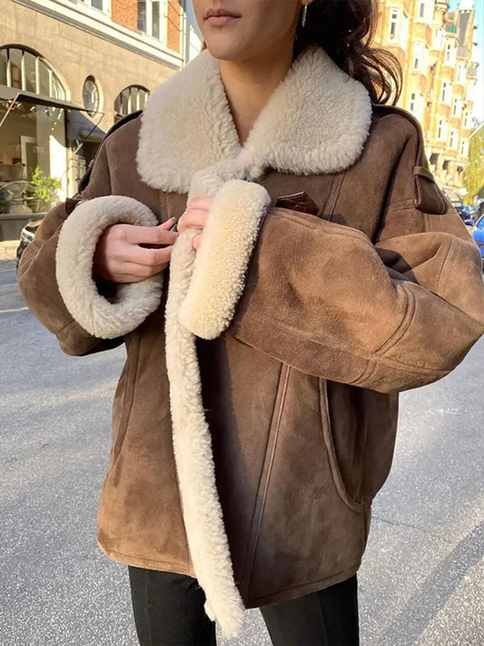 CITSLX Women Lamb Wool Single Breasted Suede Jacket Elegant Long Sleeves  Lapel Loose Thick Warm Coat 2024 Lady High Street Outerwear