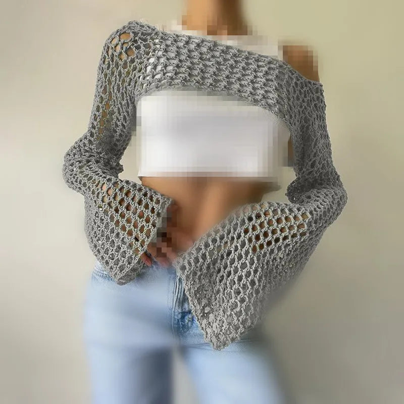 CITSLX Women Loose Hollow Out Knitted Cropped Sweaters Spring Summer Female Long Sleeve Fishnet Knitwear Pullover Short Tops