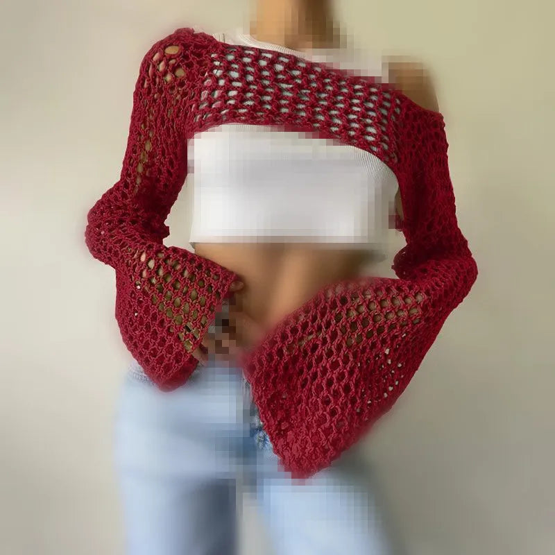 CITSLX Women Loose Hollow Out Knitted Cropped Sweaters Spring Summer Female Long Sleeve Fishnet Knitwear Pullover Short Tops