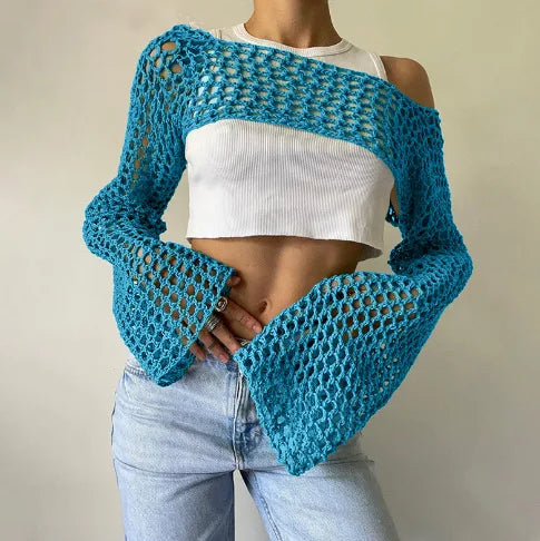 CITSLX Women Loose Hollow Out Knitted Cropped Sweaters Spring Summer Female Long Sleeve Fishnet Knitwear Pullover Short Tops