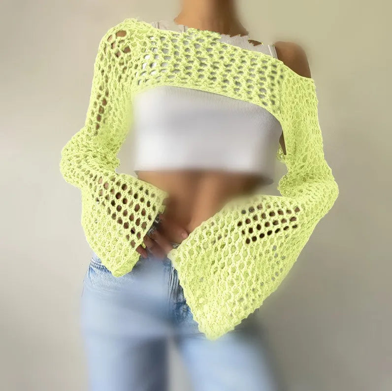 CITSLX Women Loose Hollow Out Knitted Cropped Sweaters Spring Summer Female Long Sleeve Fishnet Knitwear Pullover Short Tops