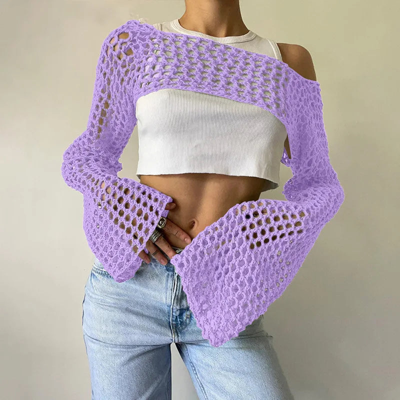 CITSLX Women Loose Hollow Out Knitted Cropped Sweaters Spring Summer Female Long Sleeve Fishnet Knitwear Pullover Short Tops