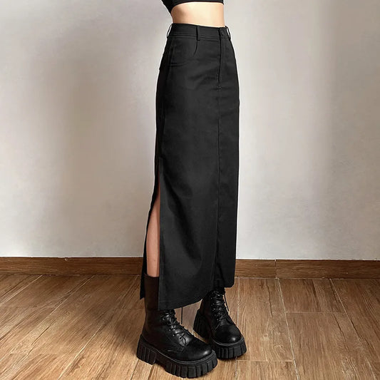 CITSLX Women Midi Skirts Goth Dark Grunge Casual Tag Split Mall Gothic Punk High Raise Slim Long Skirt Y2k Sexy Fashion Streetwear