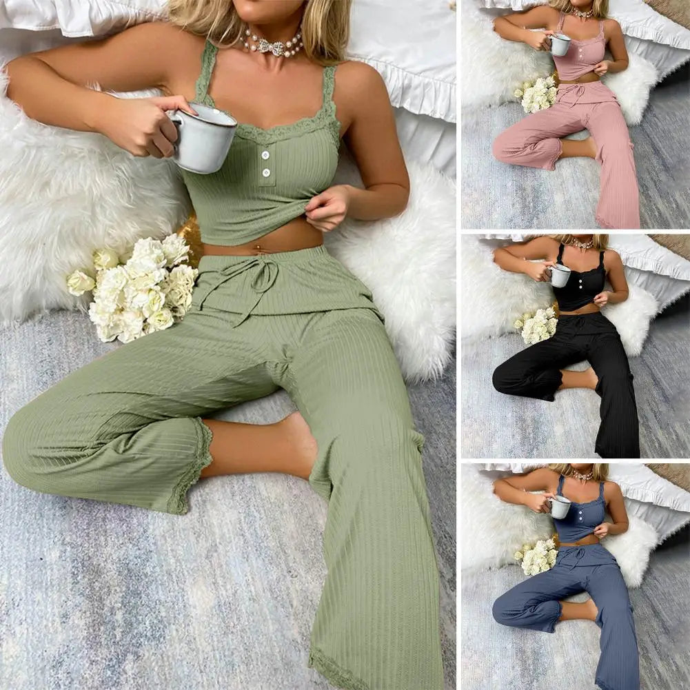 CITSLX Women Pajama Set Women Casual Two-piece Set Women's Summer Pajamas Set with Low-cut V Neck Tank Top High Elastic Waist Trousers