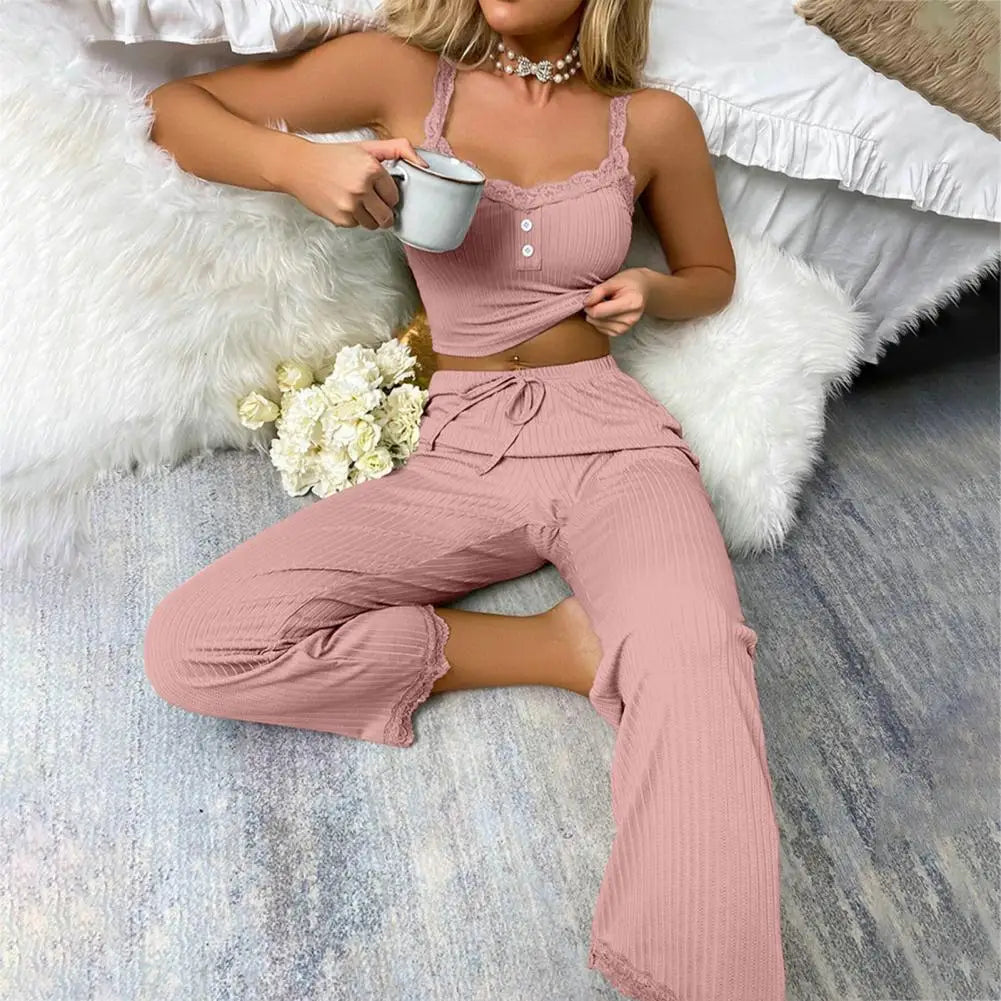 CITSLX Women Pajama Set Women Casual Two-piece Set Women's Summer Pajamas Set with Low-cut V Neck Tank Top High Elastic Waist Trousers