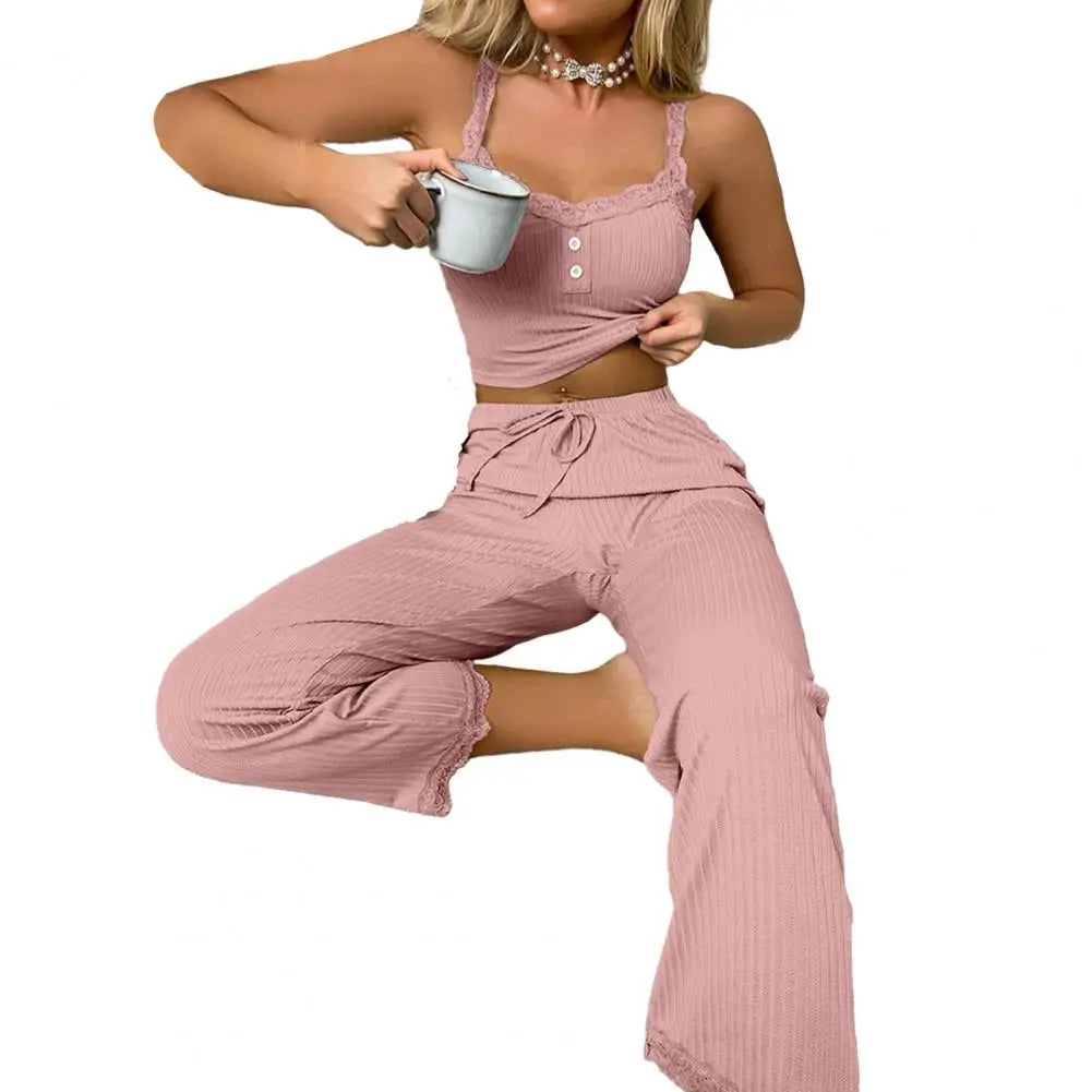 CITSLX Women Pajama Set Women Casual Two-piece Set Women's Summer Pajamas Set with Low-cut V Neck Tank Top High Elastic Waist Trousers