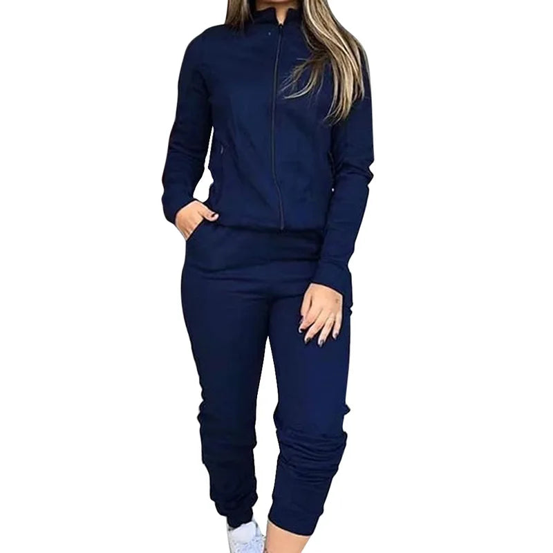 CITSLX Women Pant Sets Pocket Long Pants Solid Casual Spliced Zipper Stand Collar Coats Full Sleeve Jackets Outwear Lady Regular