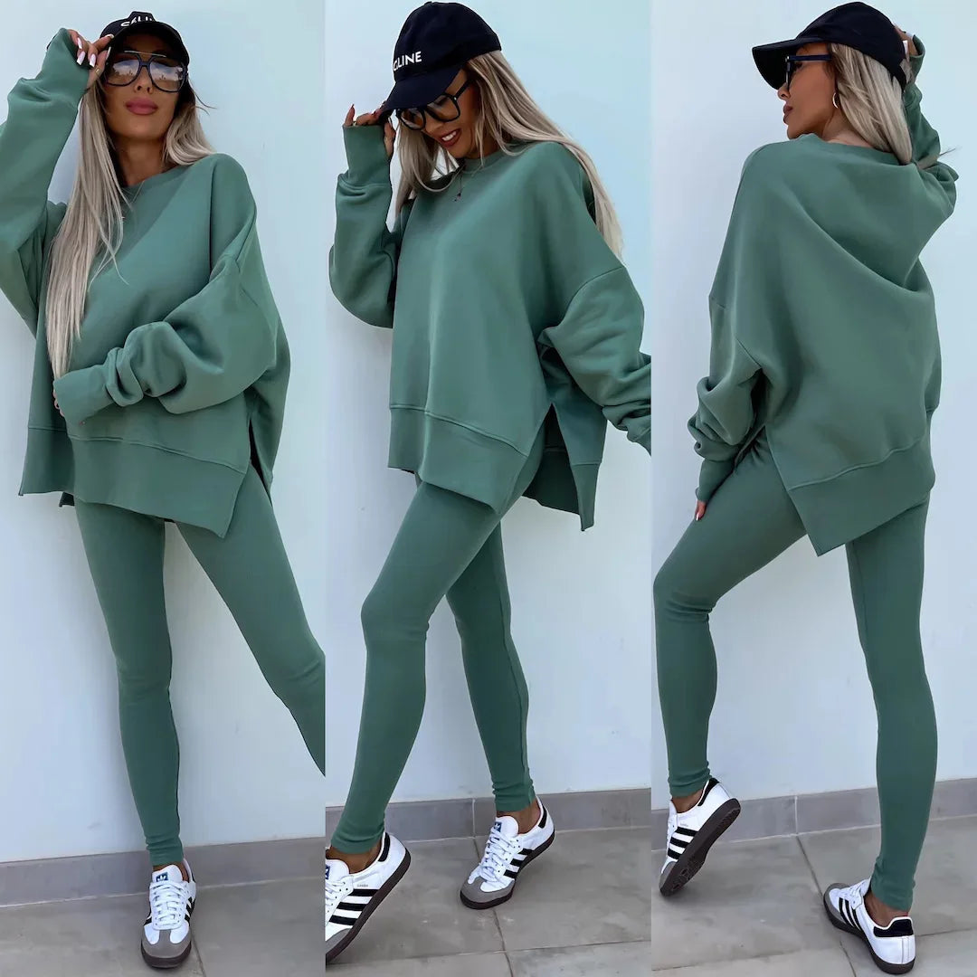 CITSLX Women Pant Sets Two Pieces Tracksuit Solid Loose Sweatshirts Split Pullover Pencil Pants High Street Autumn Winter 2024