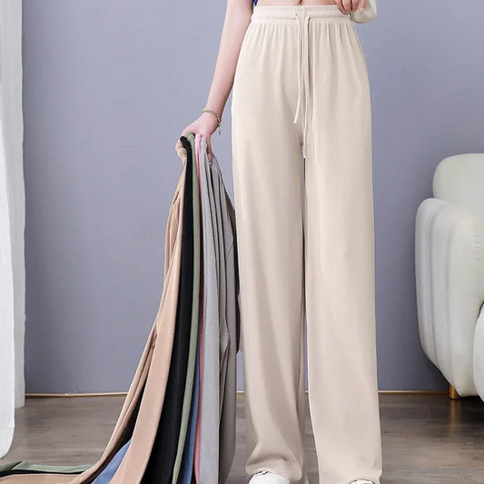 CITSLX Women Pants 2024 New Spring Summer Ice Silk Wide Leg Pants High Waist Casual Female Slim Loose Straight Black Trousers