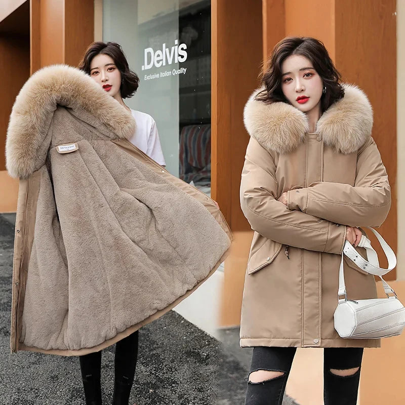 CITSLX Women Parka 2024 New Fashion Long Coat Wool Liner Hooded Parkas Winter Jacket Slim with Fur Collar Warm Snow Wear Padded Clothes