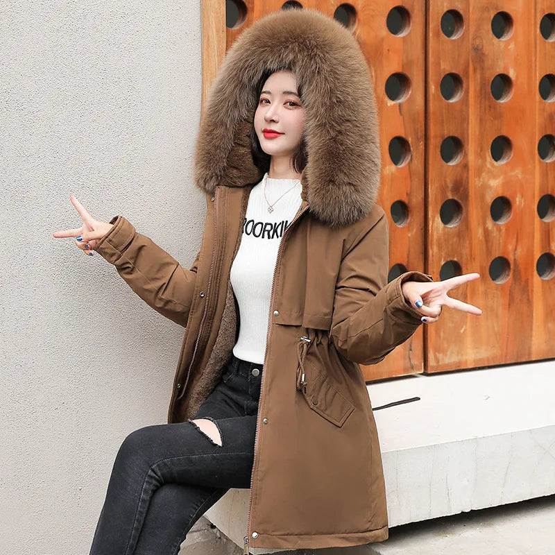 CITSLX Women Parka 2024 New Fashion Long Coat Wool Liner Hooded Parkas Winter Jacket Slim with Fur Collar Warm Snow Wear Padded Clothes