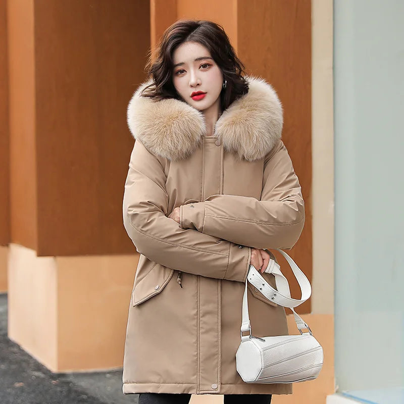 CITSLX Women Parka 2024 New Fashion Long Coat Wool Liner Hooded Parkas Winter Jacket Slim with Fur Collar Warm Snow Wear Padded Clothes