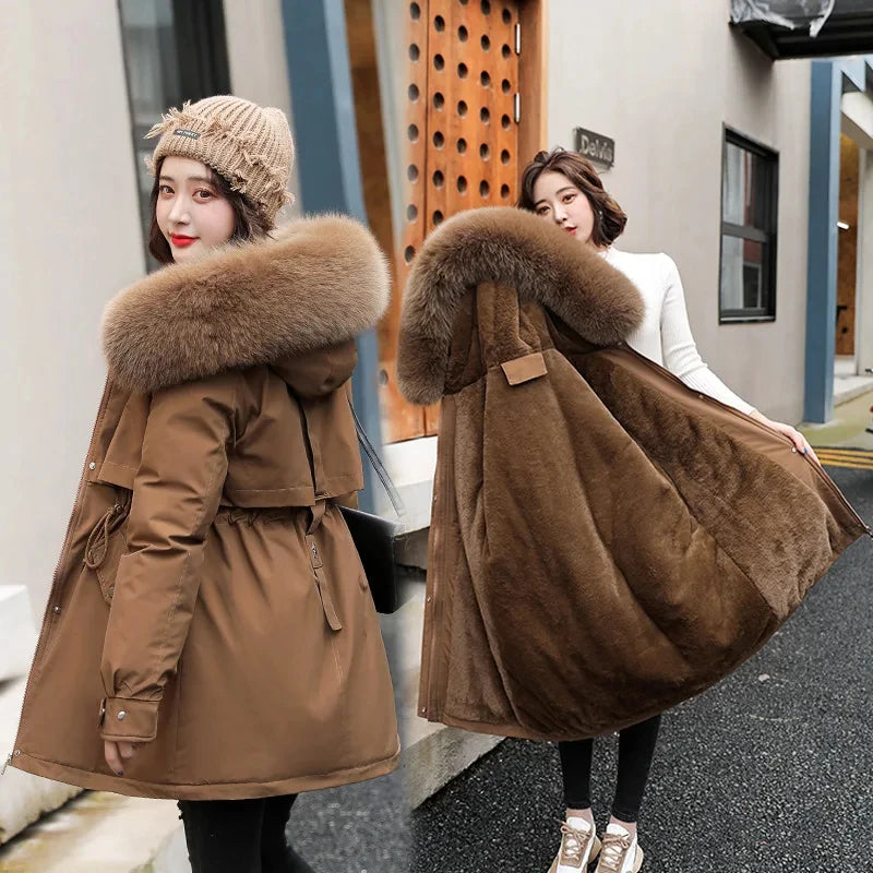 CITSLX Women Parka 2024 New Fashion Long Coat Wool Liner Hooded Parkas Winter Jacket Slim with Fur Collar Warm Snow Wear Padded Clothes