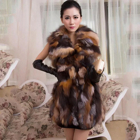 CITSLX Women Real Fox Fur Long Vest Fashion Ladies Winter Sleeveless Belt Design Thick Clothes Large Size Raccoon Fur Leather JacketRea